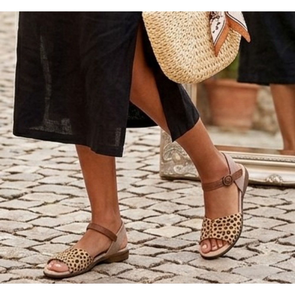 Hotter Leopard Print Ankle Strap Sandals Tan & Black Size 8